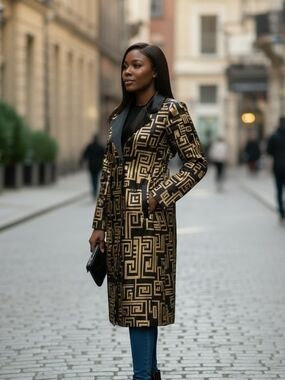 Geometric Gold and Black Long Coat